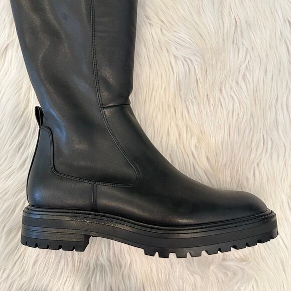 NWOT ZARA Treaded Knee High Boots Leather Chunky Lug Sole Flat Boot, Black - Picture 8 of 13